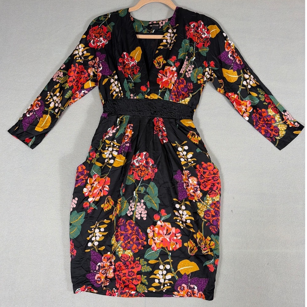 HM Conscious Collection Floral V-Neck Long Sleeve‎ Dress Black Multi Size 2